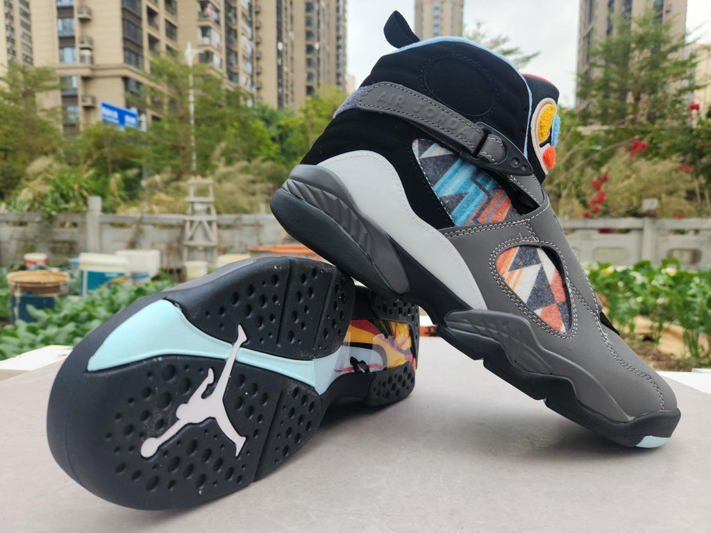 Air Jordan 8 Sneakers - Grey and Black with Multicolor Details