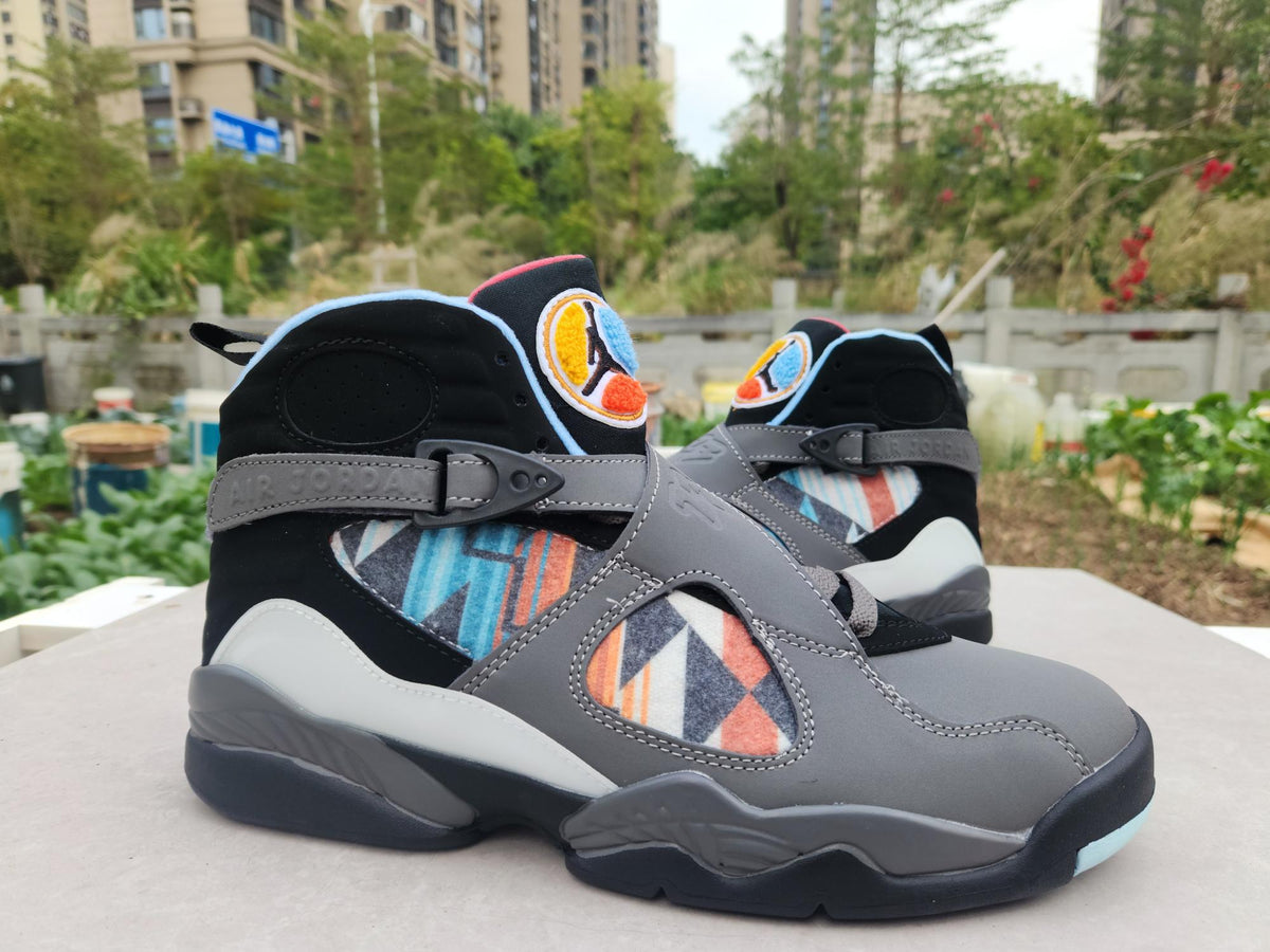 Air Jordan 8 Sneakers - Grey and Black with Multicolor Details