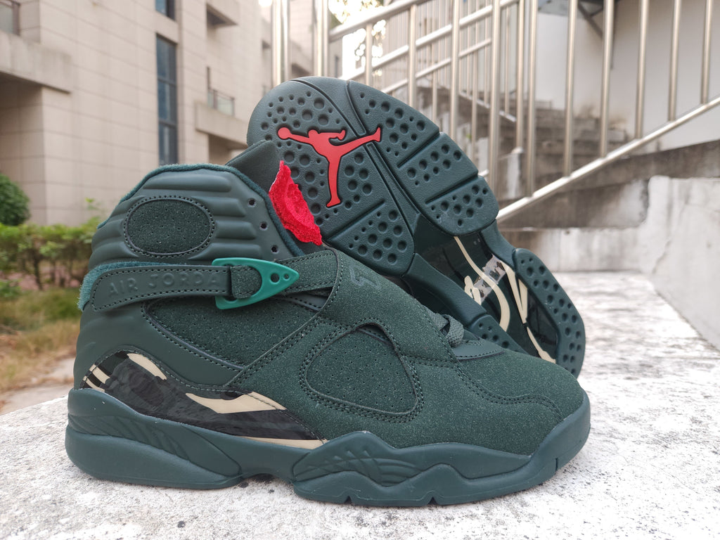 Air Jordan 8 Sneakers - Dark Green with Gold and Red Details