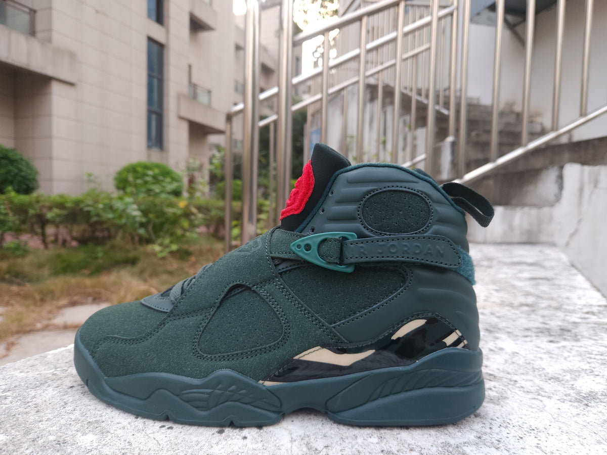 Air Jordan 8 Sneakers - Dark Green with Gold and Red Details