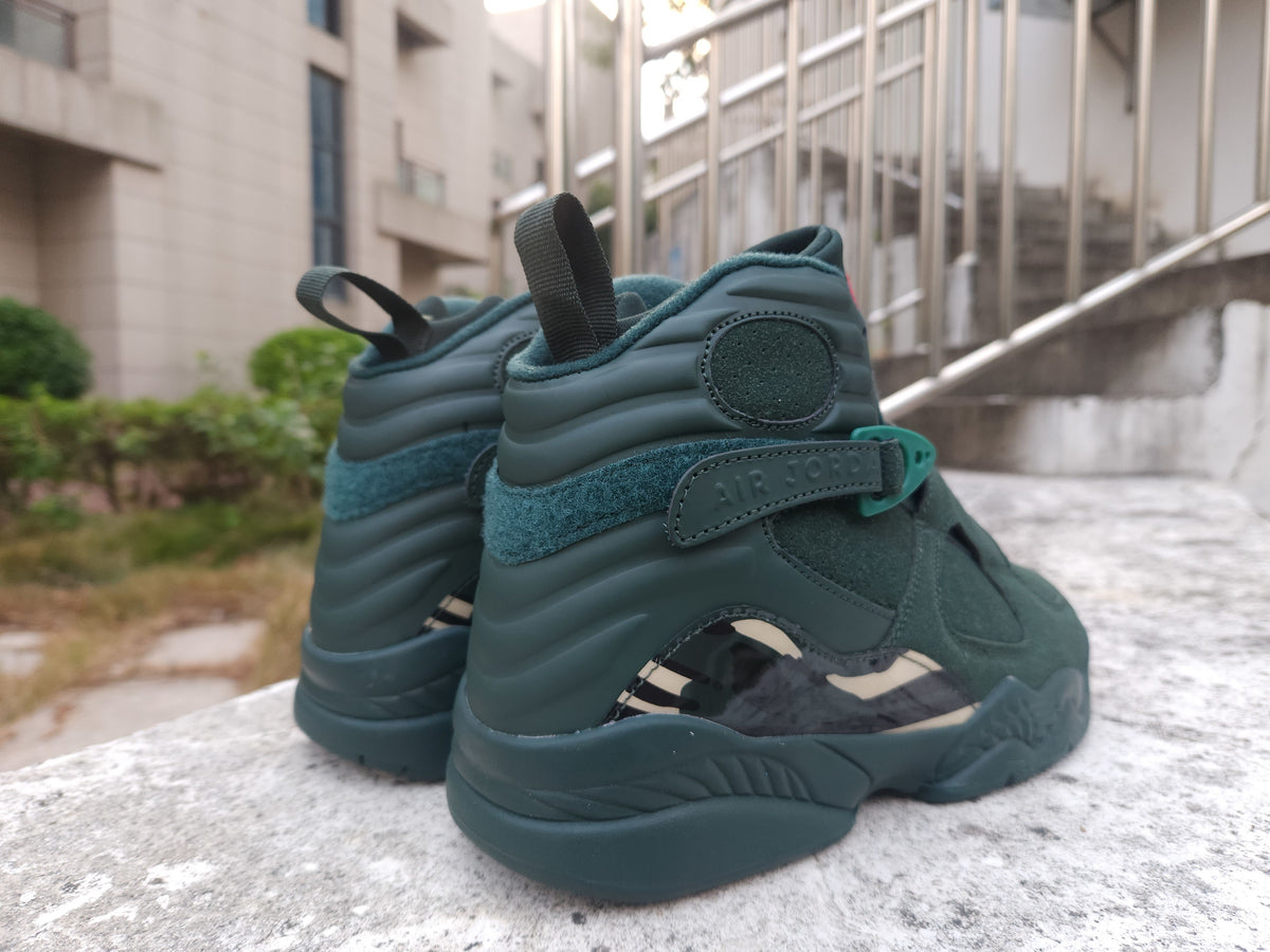Air Jordan 8 Sneakers - Dark Green with Gold and Red Details